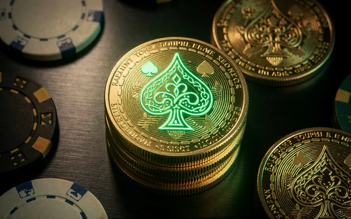 Goldene und neongr&uuml;ne Krypto-M&uuml;nzen mit Kartenmotiv - Willkommensbonus bei Jack Casino