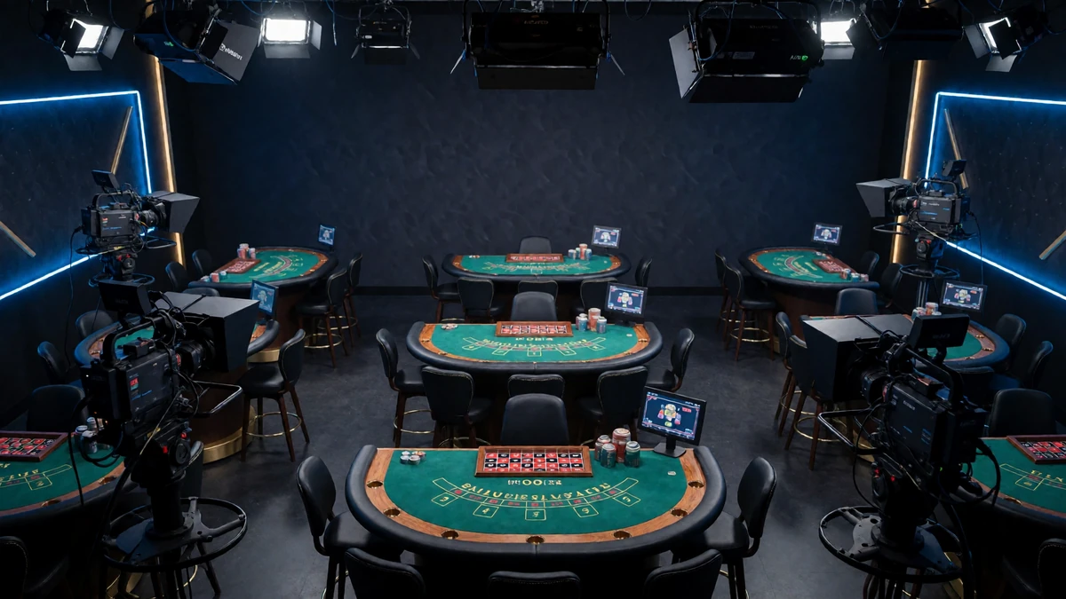 Live-Casino-Studio mit HD-Kameras, Roulette- und Blackjack-Tischen unter Neonlicht - Jack Casino Live Casino