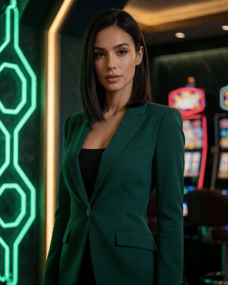Stilvolle Frau in smaragdgr&uuml;nem Blazer in futuristischer Casino-Lounge mit Neonlicht - Jack Casino