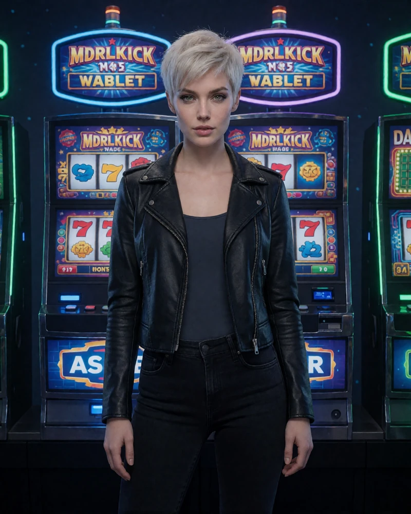 Frau mit platinblondem Pixie-Schnitt in schwarzer Lederjacke vor leuchtenden Slot-Screens - Casino Spiele bei Jack Casino