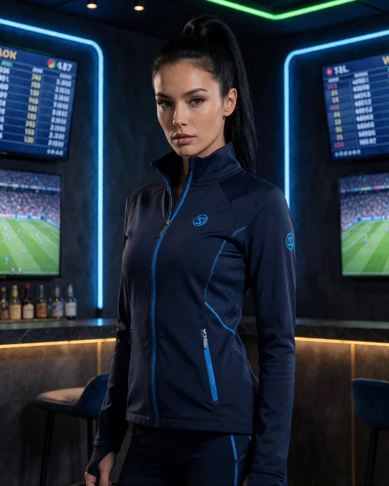 Junge Frau in navy Sportjacke vor Live-Quoten-Screens - Sportwetten und Esports bei Jack Casino